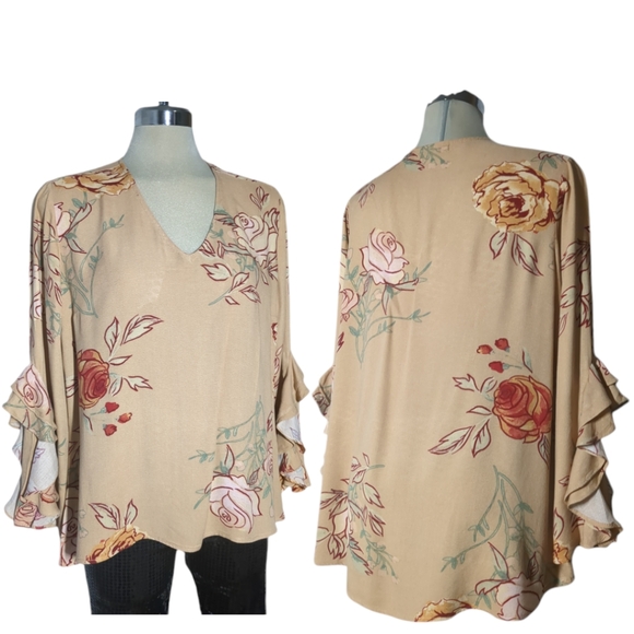 DG2 Beige and Red Floral 3/4 Long Sleeve SIZE M/Grande - Picture 1 of 16